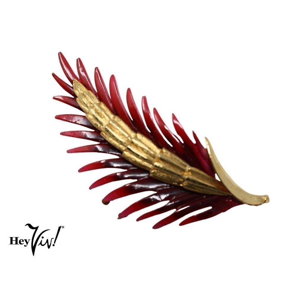 Vintage Signed PIM Leaf Feather Gold Pin Brooch w Red Enamel 3" Long - Hey Viv !
